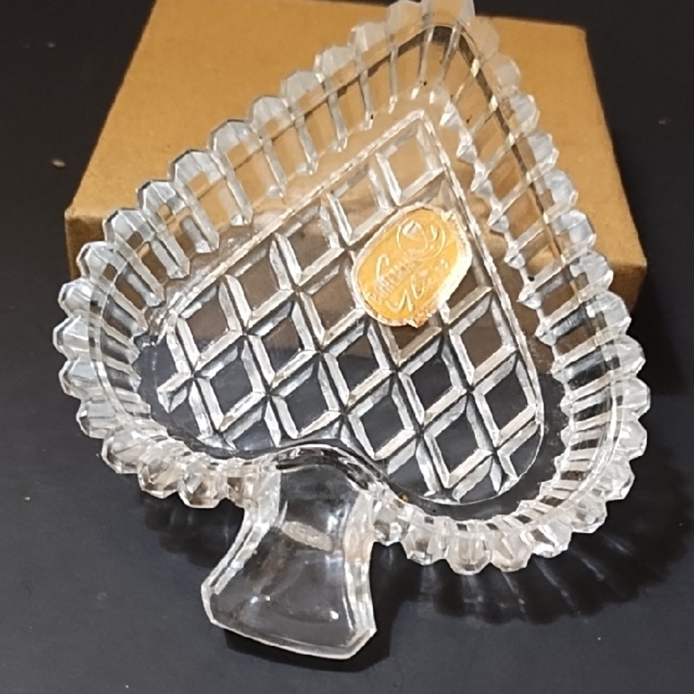 Vintage Crystal Bohemia Glass Spades Qos Trinket Tray Or Ashtray No Chips